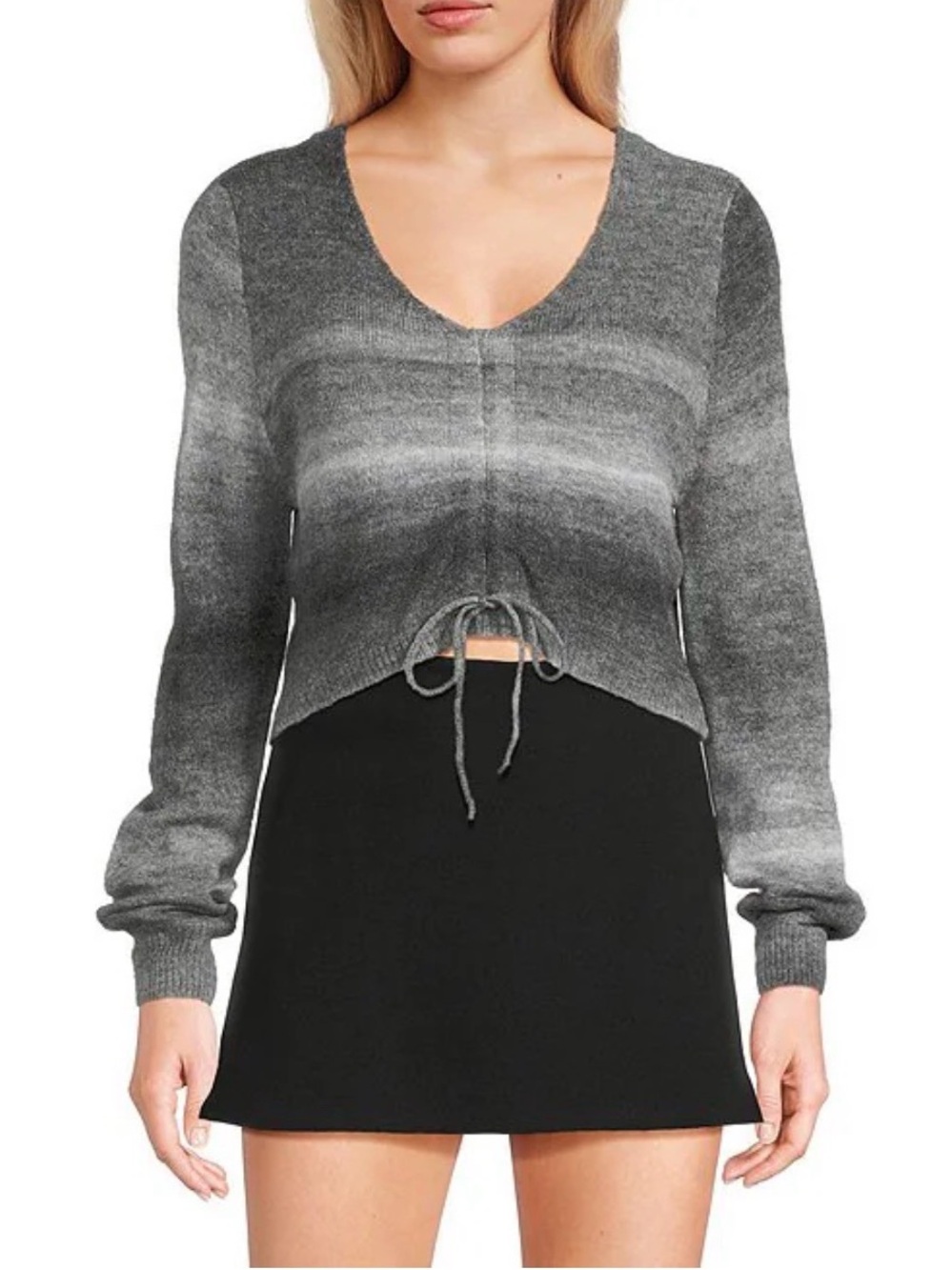 NEW EMORY PARK Spacedye V-Neck Ruched Tie Front Long
Sleeve Cropped Sweater SZ S